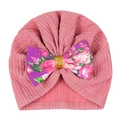 Detail of pink ruffled turban hat with floral print bow and sparkling gold accents - Purple Floral Bow (MZ111) / Dust Rose