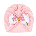 Pink rib knit infant turban hat with a large floral print bow and glitter gold center - White Pink Floral Bow (MZ111) / Pink