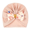 Detail of pink toddler turban hat with floral printed bow and gold glitter tie - Red Blue Floral Bow (MZ111) / Light Coffee