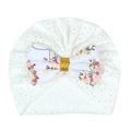 Detail of white newborn baby hat with floral bow and breathable eyelet fabric texture - White