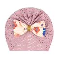 Detail of pink breathable hollow knit newborn hat with floral print ribbon bow accent - Dust Rose