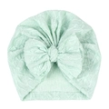 Detail of mint green baby turban hat with textured jacquard fabric and large bow - Turquoise Blue (Lace Jacquard)