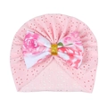 Pink newborn turban hat with floral bow and breathable eyelet fabric for baby girls - Pink