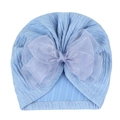 Light blue knit baby turban with large organza bow on white background - Blue