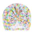 Close-up of geometric triangle print on cotton baby turban hat with a large bow detail - Colorful Geometric (3#)