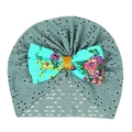 Detail of grey eyelet baby turban hat with oversized colorful floral glitter bow - Green