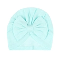 Detail showing the breathable mesh texture and large bow on a mint blue baby beanie - Emerald Green