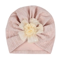 Detail of baby turban hat featuring a peach jacquard fabric and large layered mesh flower - Light Coffee