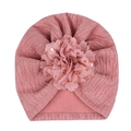 Detailed texture of pink ruffled baby turban hat with golden dot floral embellishment - Dusty Pink