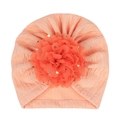 Detail view of baby turban hat with large 3D flower and golden polka dots pattern - Light Orange