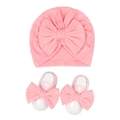 Rosa gestricktes Baby Turban Mützen und Schleifen Schuhe Set für Neugeborene Mädchen - Rosa