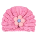 Detail of baby pink knit turban hat with textured five-petal floral 3D ornament - Pink