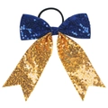 Detailed view of bicolor sequined bow hair tie with blue sequins and long golden tail - Royal Blue Yellow
