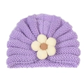 Lavender purple knit baby turban hat with a 3D cream floral bow detail for winter warmth - Purple