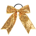 Detail of a sparkling gold sequin bow hair tie with a durable black elastic band - Yellow