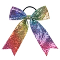 Detail of colorful rainbow sequin bow hair tie with high-shine metallic finish and black elastic - Rainbow