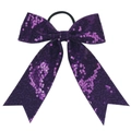 Detailed view of purple sequin bow hair tie with long streamers and elastic band - Deep purple