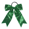 Detail of vibrant green sequin bow hair tie with fishtail ribbons on white background - Green