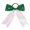 Close-up of glittery green and white sequin bow hair tie with long ribbon streamers - Christmas Green White
