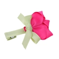 Détail d'une pince à cheveux en ruban gros-grain rose et vert avec un nœud et un clip métal - Rouge Foncé