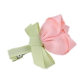 Detail of handmade pink tulip grosgrain ribbon hair clip with green bow on metal base - Snow Bud