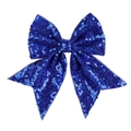 Detailed close-up of a royal blue sequin bow hair clip with elegant swallowtail design - Sapphire Blue