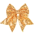Close-up of golden sequin embroidery on large bow hair clip with flowing long tails - Gold