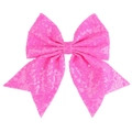 Macro detail of sparkly pink sequin embroidery on a cute swallowtail bow hair clip - Fluorescent Pink