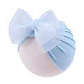 Detail of baby turban with large double bow in light blue lace and silver glitter trim - Blue