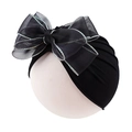 Detail of baby turban hat featuring large black mesh double bow with iridescent edge - Black