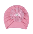 Rosa Baby Turban Mütze mit Netz-Blumenspitze, Schleife und quadratischem Strassstein - Hellrosa