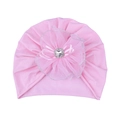 Close-up of pink baby turban hat with large mesh flower, rhinestone and silk ribbon detail - Pink Hat