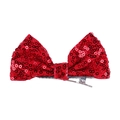Detailed view of 4-inch red sequin bow hair clip with silver metal alligator grip - Red