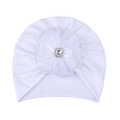 Detail of white newborn turban hat with layered lace flower and crystal decoration - White Hat