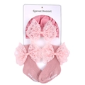 Pink infant bonnet and socks set with large lace bows displayed on retail card - Dusty Pink Set