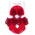 Infant red knit turban hat and socks set with large lace bows and branded card - Red Zirconia Set