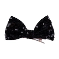 Detailed view of a 4-inch black sequin hair bow clip with a metallic alligator grip - Black