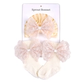 Infant ribbed knit socks and headband set in yellow with pink lace bows on white background - Khaki Set