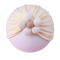 Infant knit turban hat with large handmade 3D flower decoration in cream white color - Beige Hat