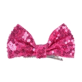 Detail of pink sequin hair bow showing the sparkly fabric and silver metal clip - Rose Red