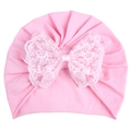 Pink knit baby turban hat featuring a decorative large white lace bow for infant girls - Pink Hat