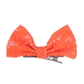Detail of the 4-inch orange sequin bow hair clip with a durable silver metal alligator grip - Neon Orange