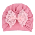 Soft pink baby turban hat with a large delicate lace flower bow for infant girls - Dusty Rose Hat