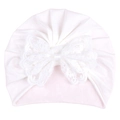 Soft white baby turban hat with delicate lace bow and floral embroidery details - White Hat