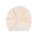Cappellino spesso neonato color crema in maglia a coste con nodo a fiore - Taglia unica / Beige