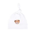 Soft white newborn baby hat with bear embroidery and decorative knot detail - One Size / White
