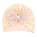 Soft cream baby turban hat with a large white lace bow detail for infant girls - Khaki Hat