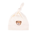 Knotted baby beanie in cream white cotton featuring a cute cartoon bear embroidery - One Size / Beige