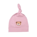 Rosa Baby-Strickmütze mit süßem Knotendesign und einer kleinen Bären-Stickerei - Einheitsgröße / Altrosa