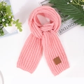 Detail of pink knit scarf featuring a thick ribbed texture and a brown leather logo tag - Dusty Pink